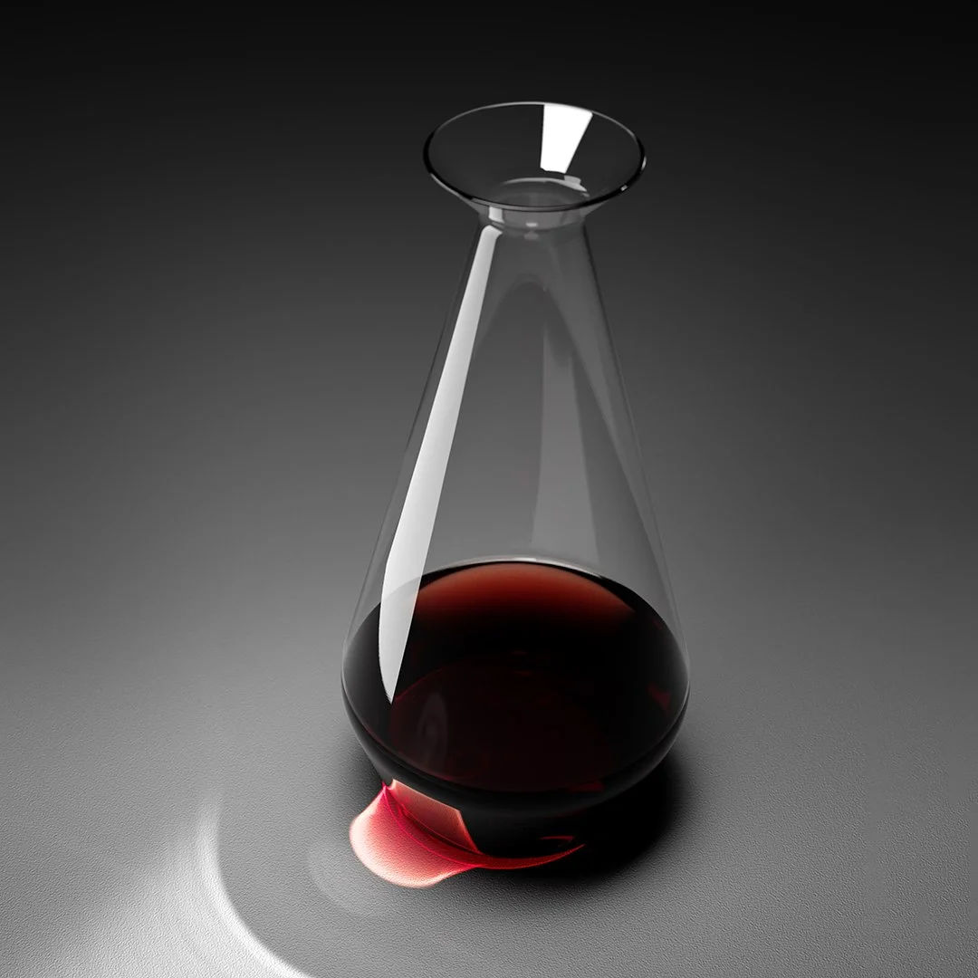 A glass Erlenmeyer flask partially filled with red wine, casting a reflection on a smooth gray surface against a dark background.