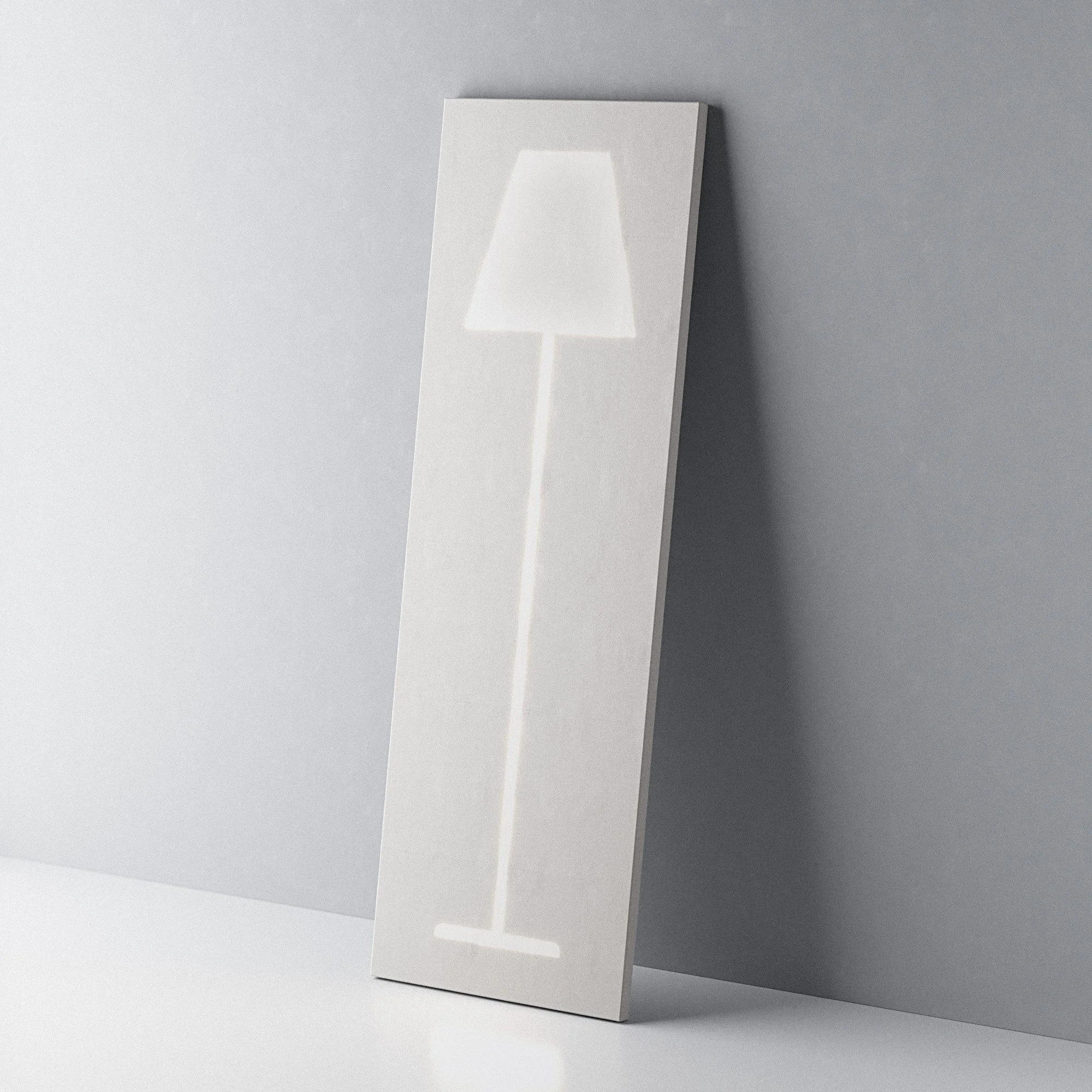 A white vertical sign with an engraved arrow pointing upward, leaning against a gray wall.