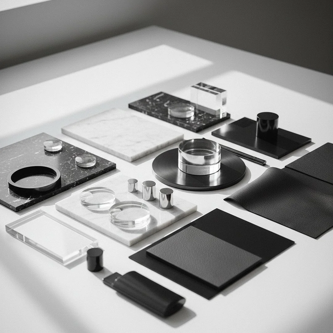 Various decorative objects and samples arranged on a white surface, including black and white marble slabs, glass bowls, metallic cylinders, textured black sheets, and a small black and metallic container.