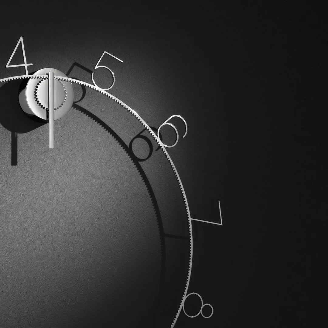 Close-up of a modern, minimalist clock with a dark textured background, showing the hour hand pointing at 12 and the minute hand at 4 minutes past 12, with white numerals 2, 4, 5, 6, 8, and 10 around the clock face.