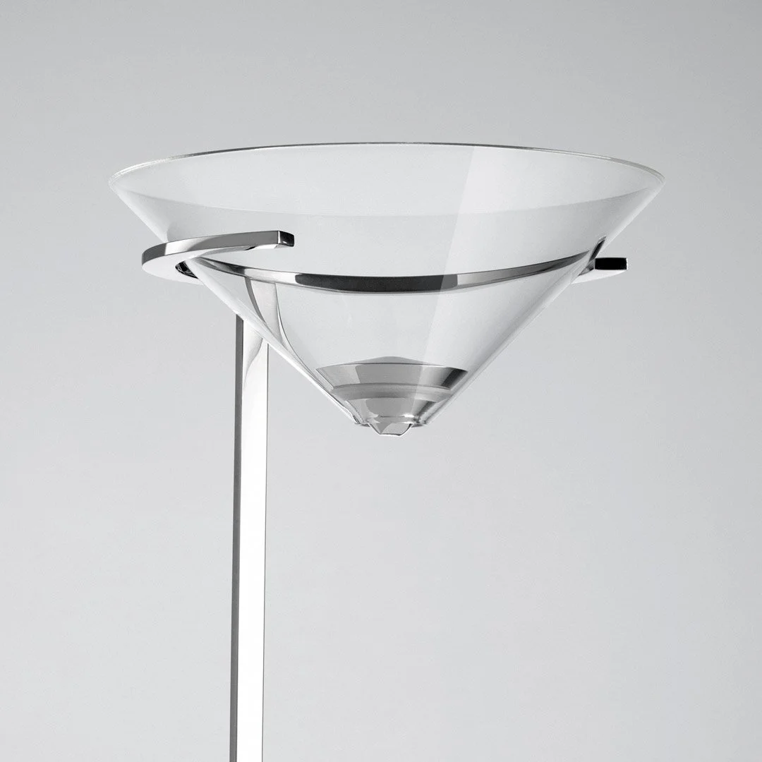 Modern ceiling light fixture with a large, clear, conical glass shade and sleek metal accents.