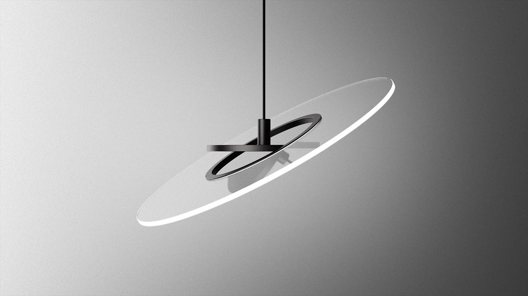 Modern pendant light fixture with a sleek black and white design, featuring a circular ring and a thin light strip, hanging from a black cord against a gradient background.