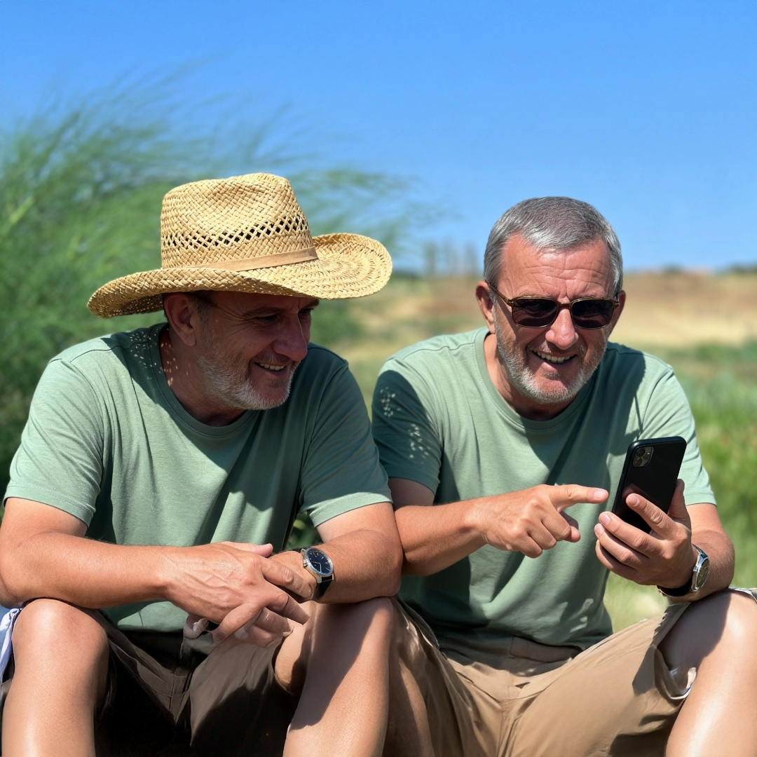 Two middle-aged men sitting outdoors on a sunny day, looking at a smartphone together, with one pointing at the phone's screen, wearing casual clothes and sunglasses, one wearing a straw hat, in a grassy field with clear blue sky in the background.