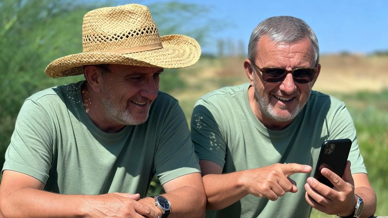 Two older men outdoors looking at a smartphone, smiling, with one man wearing sunglasses and the other wearing a straw hat.