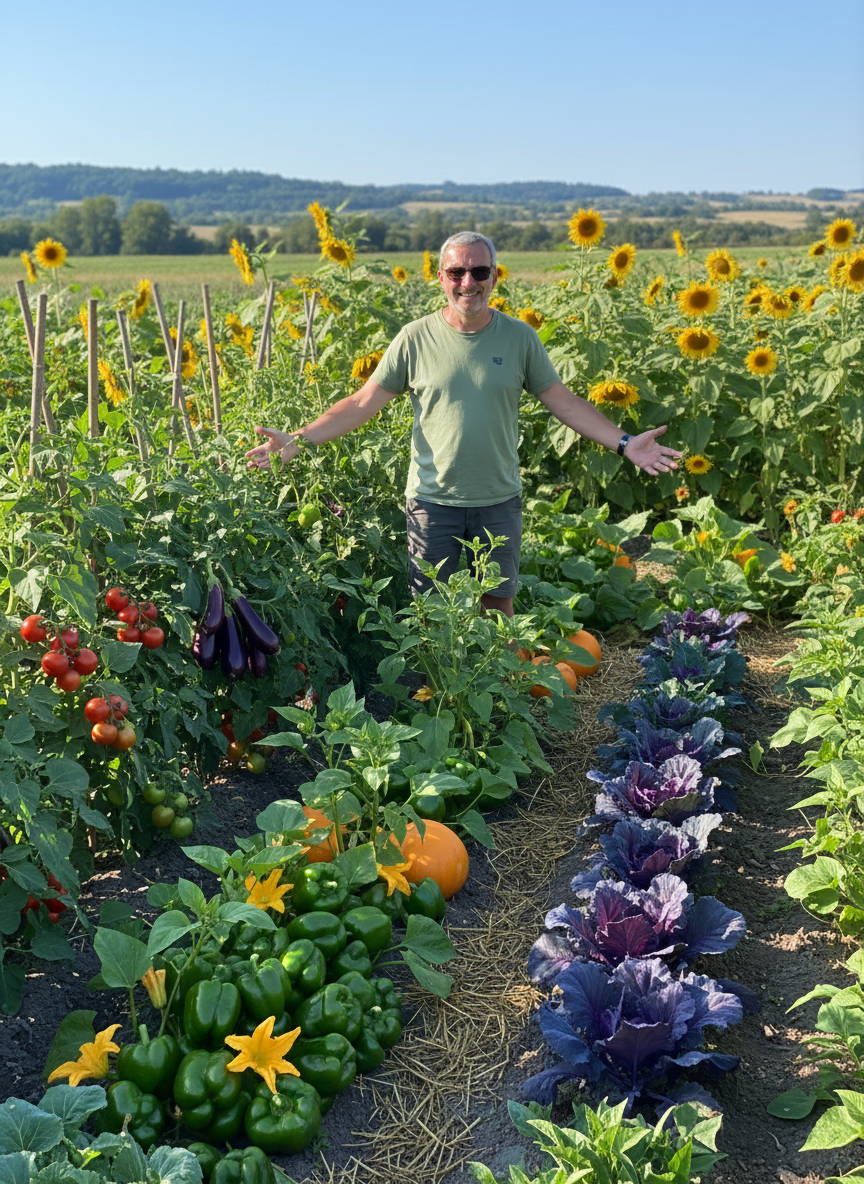 A smiling man standing in a vibrant vegetable and flower garden on a sunny day, with rows of sunflowers, eggplants, tomatoes, pumpkins, and purple cabbage, surrounded by lush green fields and distant hills.