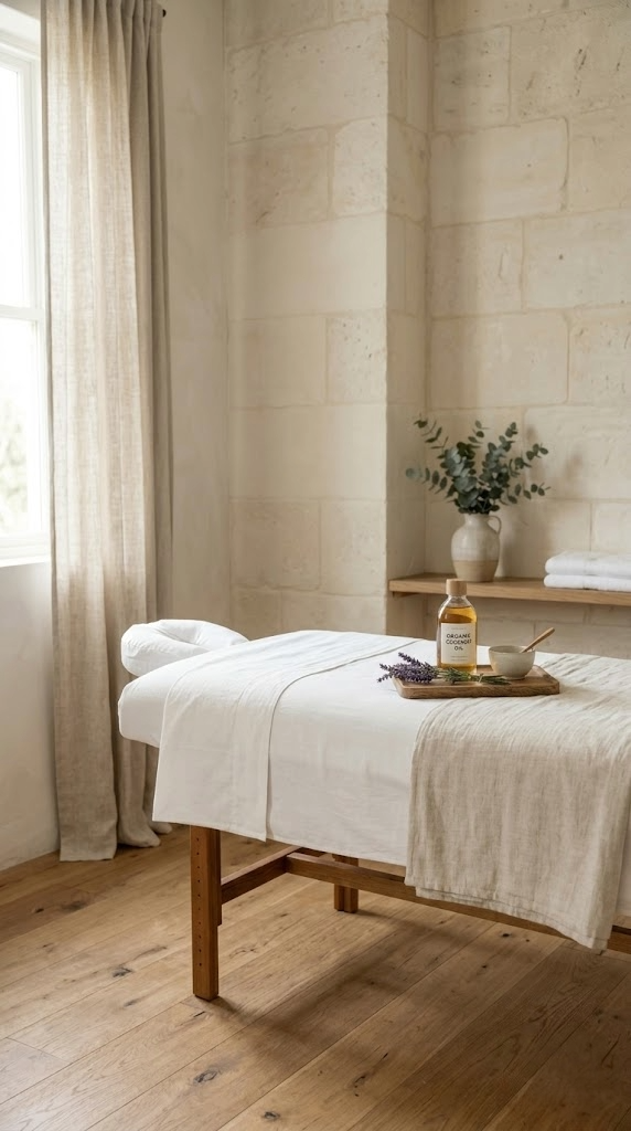A woman receiving a massage on her shoulder, lying on a bed with her eyes closed.