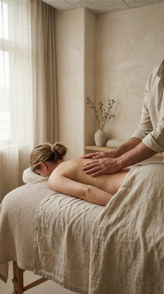 A person's hands resting on their lap, with one hand gently placed over the other, in a warm, subdued lighting setting.