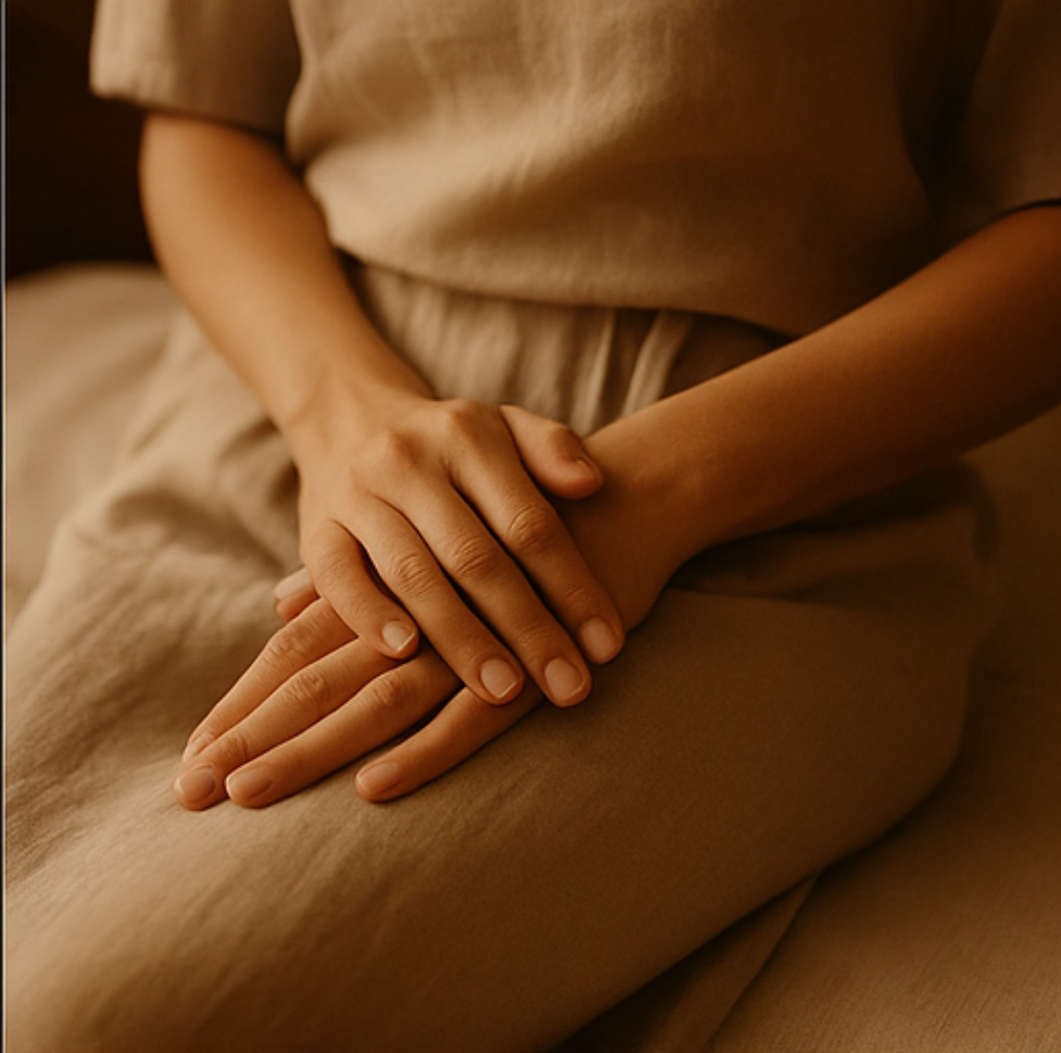 A person sitting with their hands resting on their lap, wearing a beige or light brown outfit, in a warm, softly lit environment.