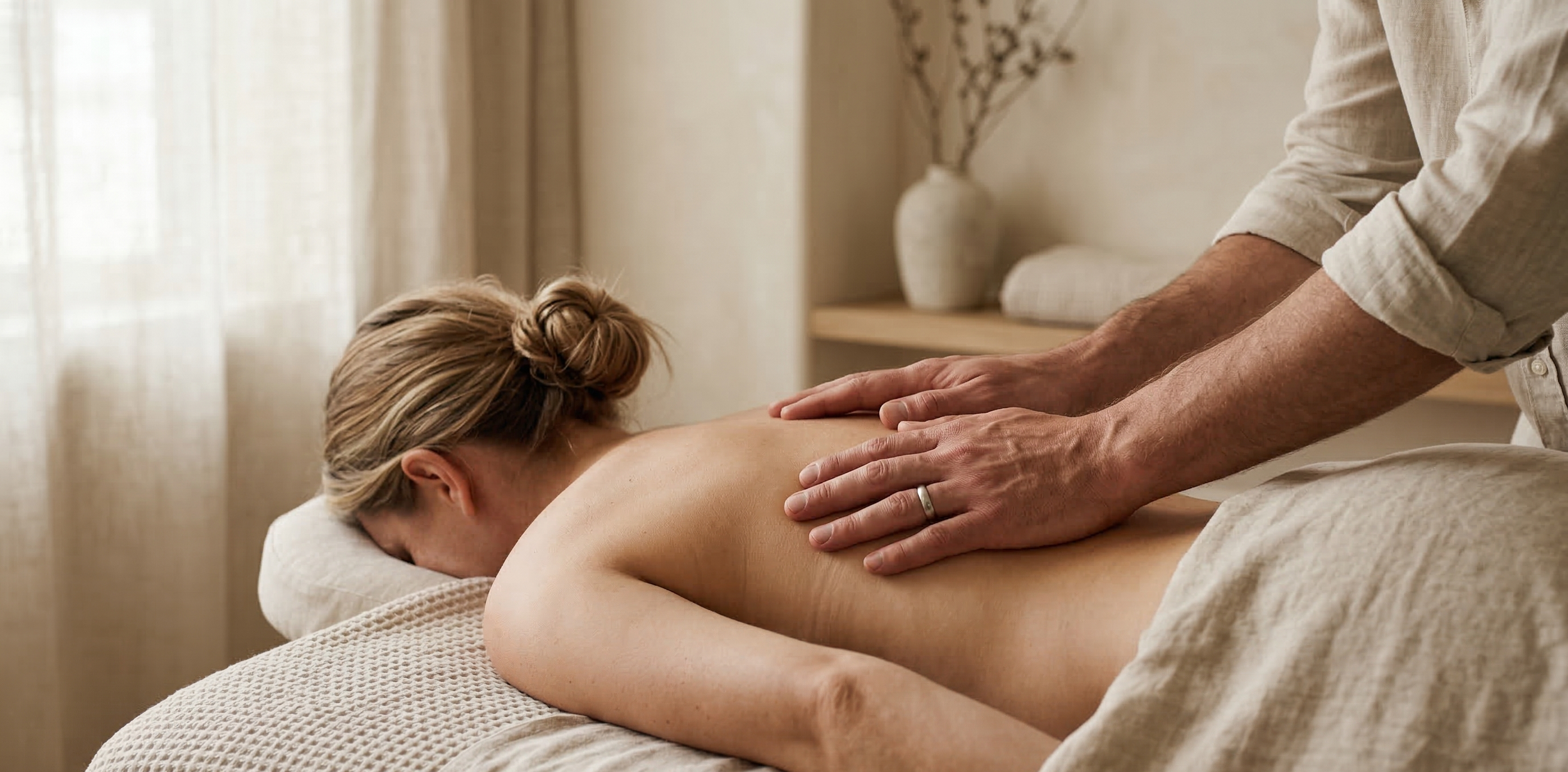 A person's hands resting on their lap, with one hand gently placed over the other, in a warm, subdued lighting setting.