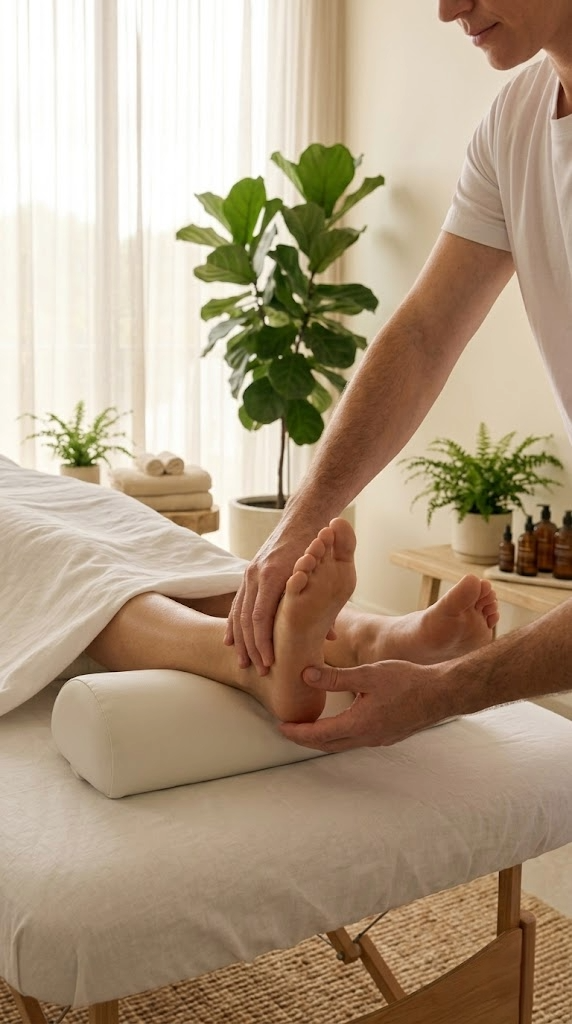 A woman sleeping peacefully on her side with her head resting on her arm, covered partially by a beige blanket.
