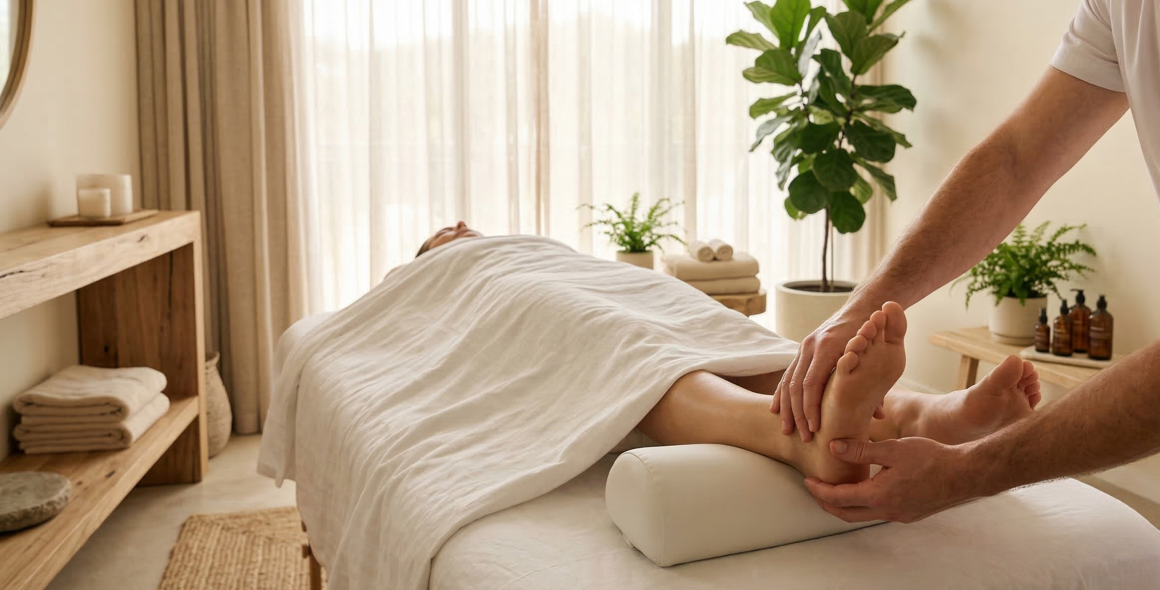 A woman sleeping peacefully on her side with her head resting on her arm, covered partially by a beige blanket.