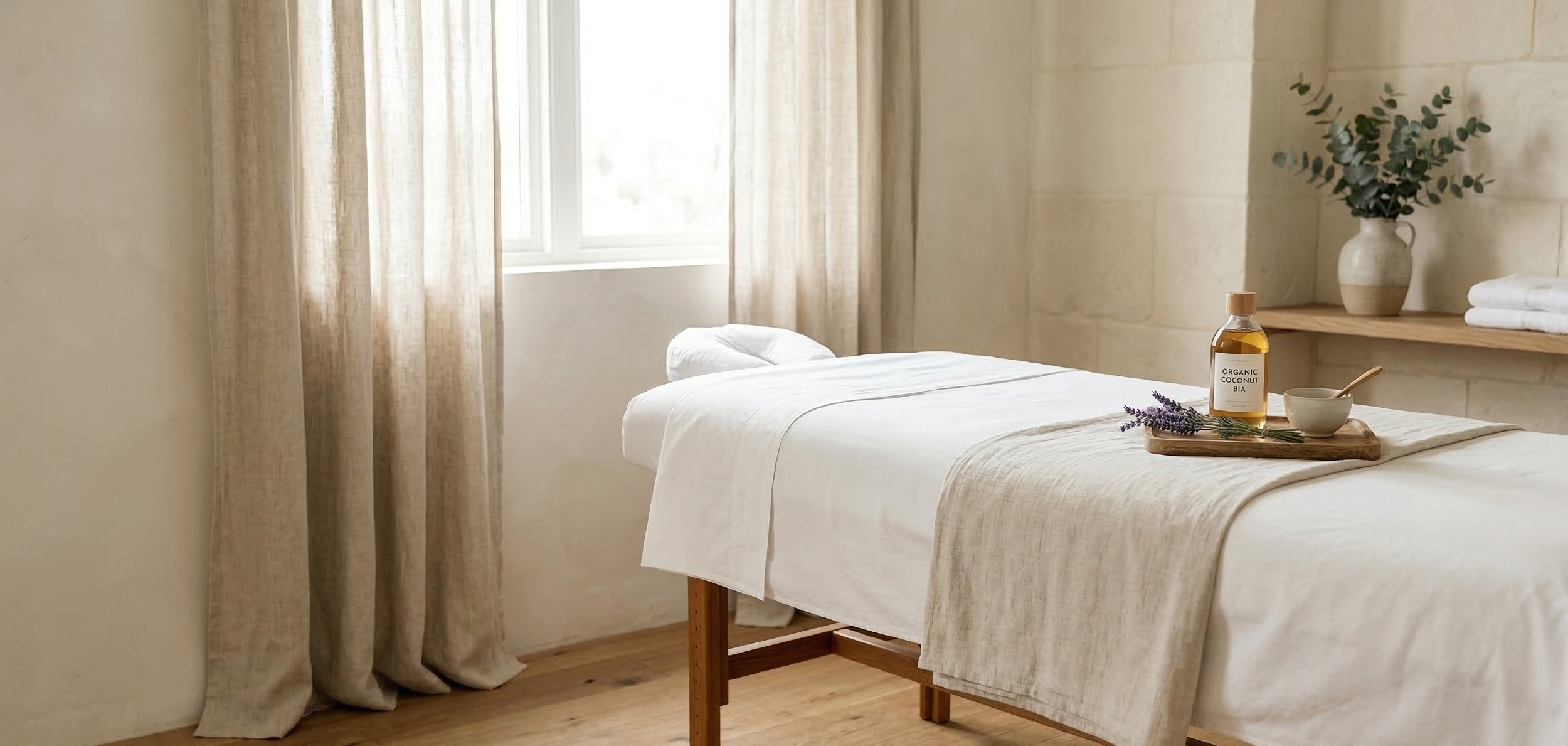 A woman receiving a massage on her shoulder, lying on a bed with her eyes closed.