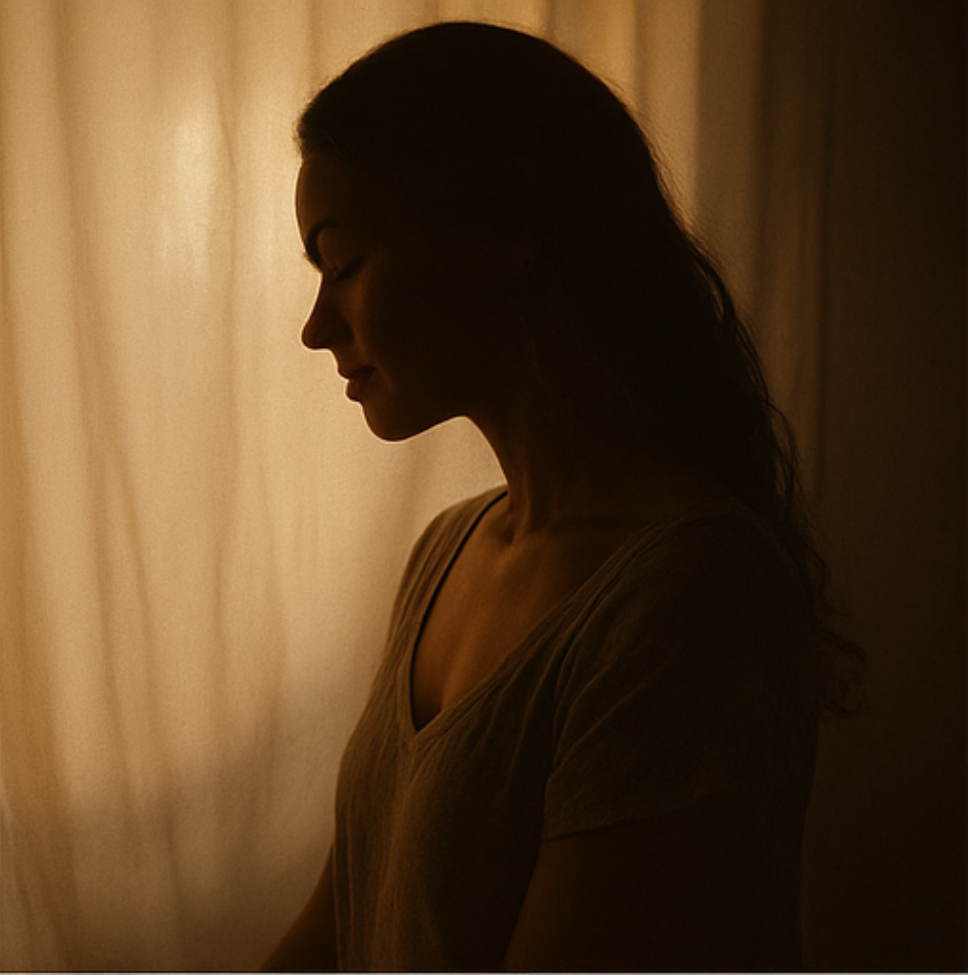Side profile of a woman with dark hair standing near a softly lit window, wearing a light-colored shirt.