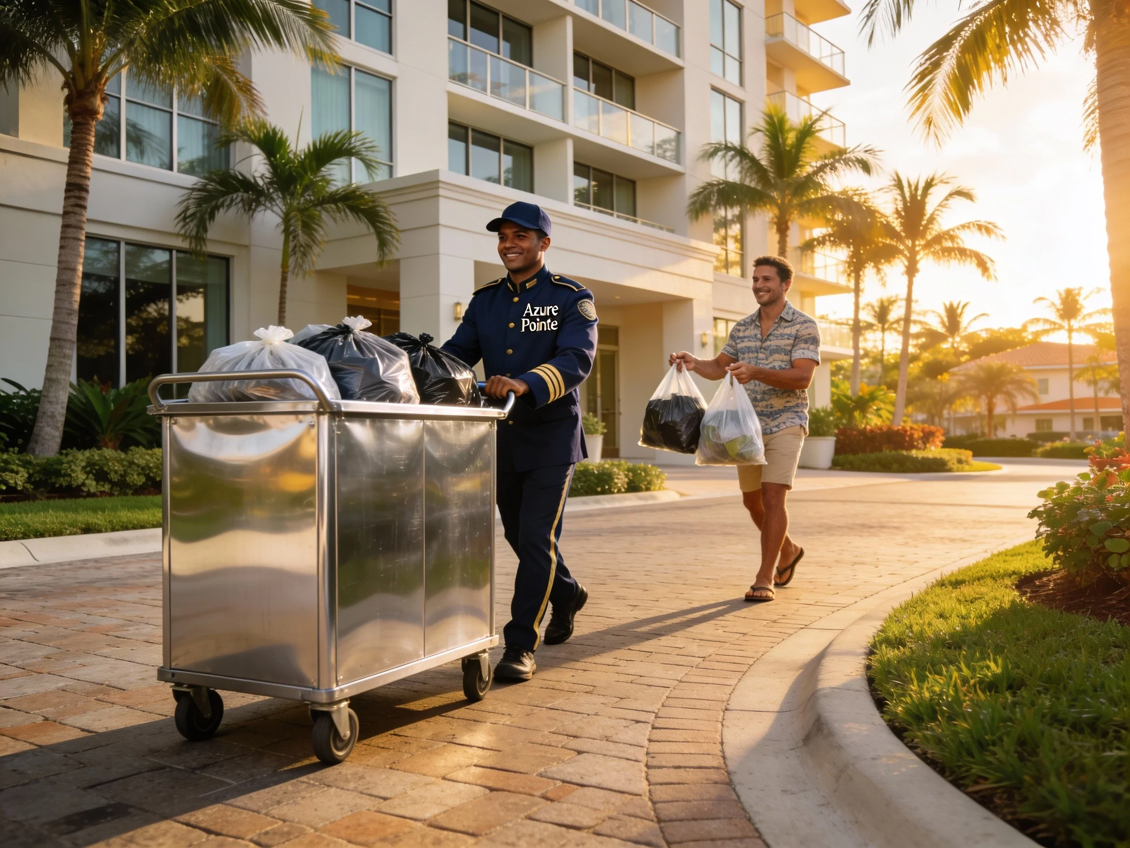 A hotel staff member, dressed in a dark uniform and cap, is pushing a cart filled with trash bags outside a modern hotel building with multiple balconies. A tourist is walking behind, holding a bag, on a paved pathway lined with palm trees during sunset.