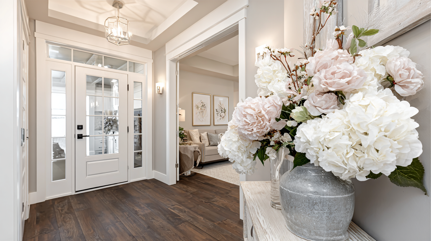 A view of a home's entrance foyer with a large white door and glass panels, hardwood flooring, and a small table with a bouquet of pink and white hydrangeas in a ceramic vase on top, leading into a living room with light-colored furniture and wall art.
