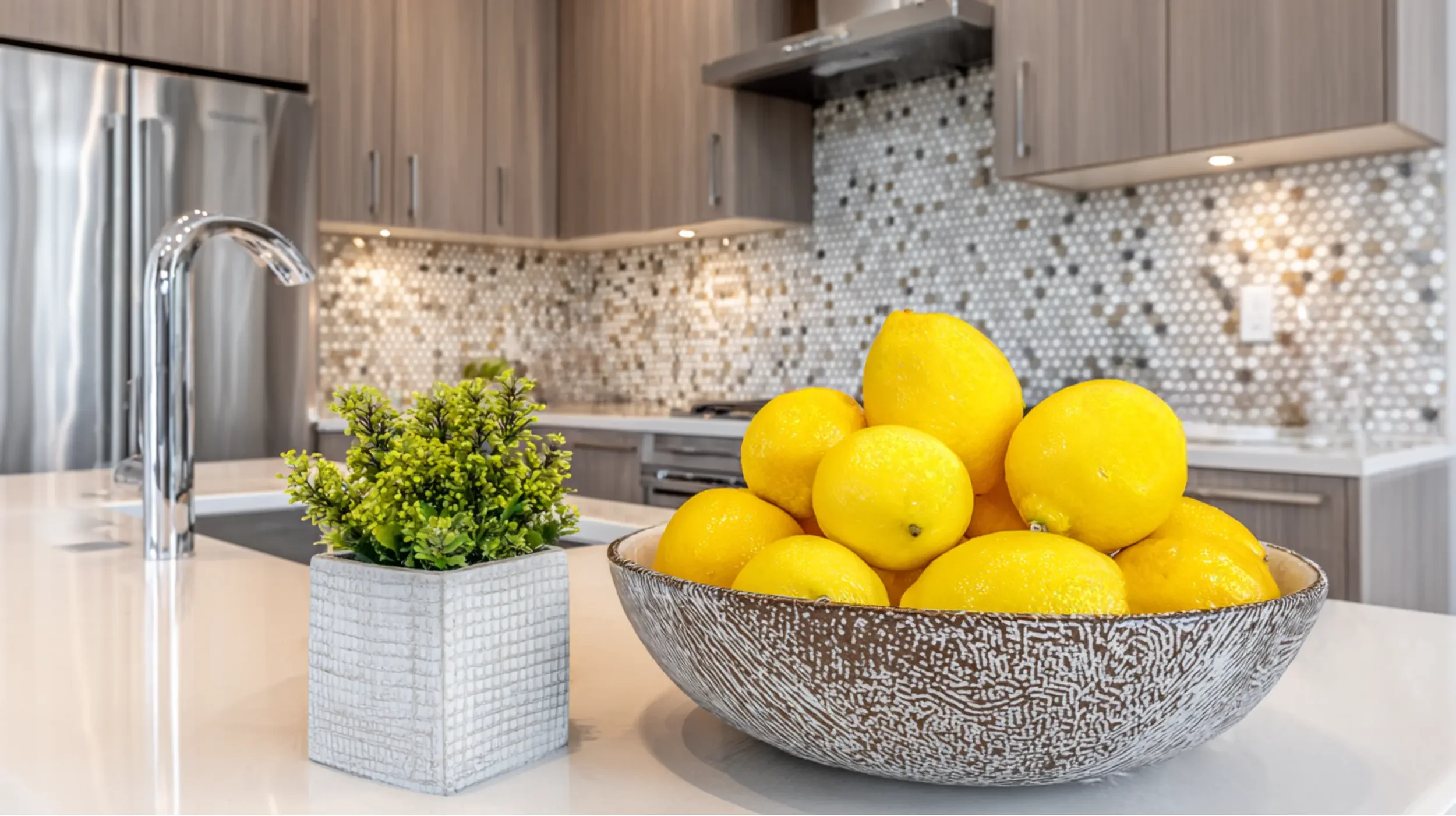 A white kitchen countertop with a bowl of fresh lemons and a small potted green plant, with a modern backsplash and cabinetry in the background.