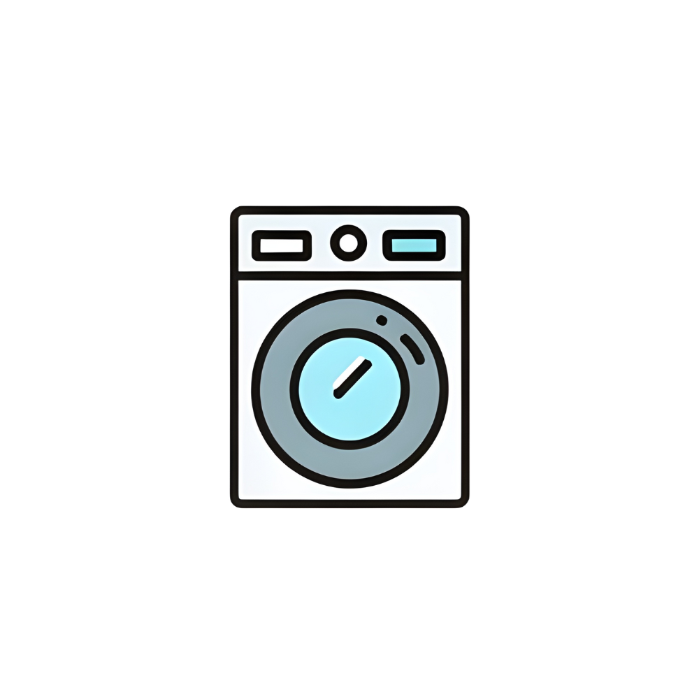 A front view of a washing machine with a circular door and control panel on top.