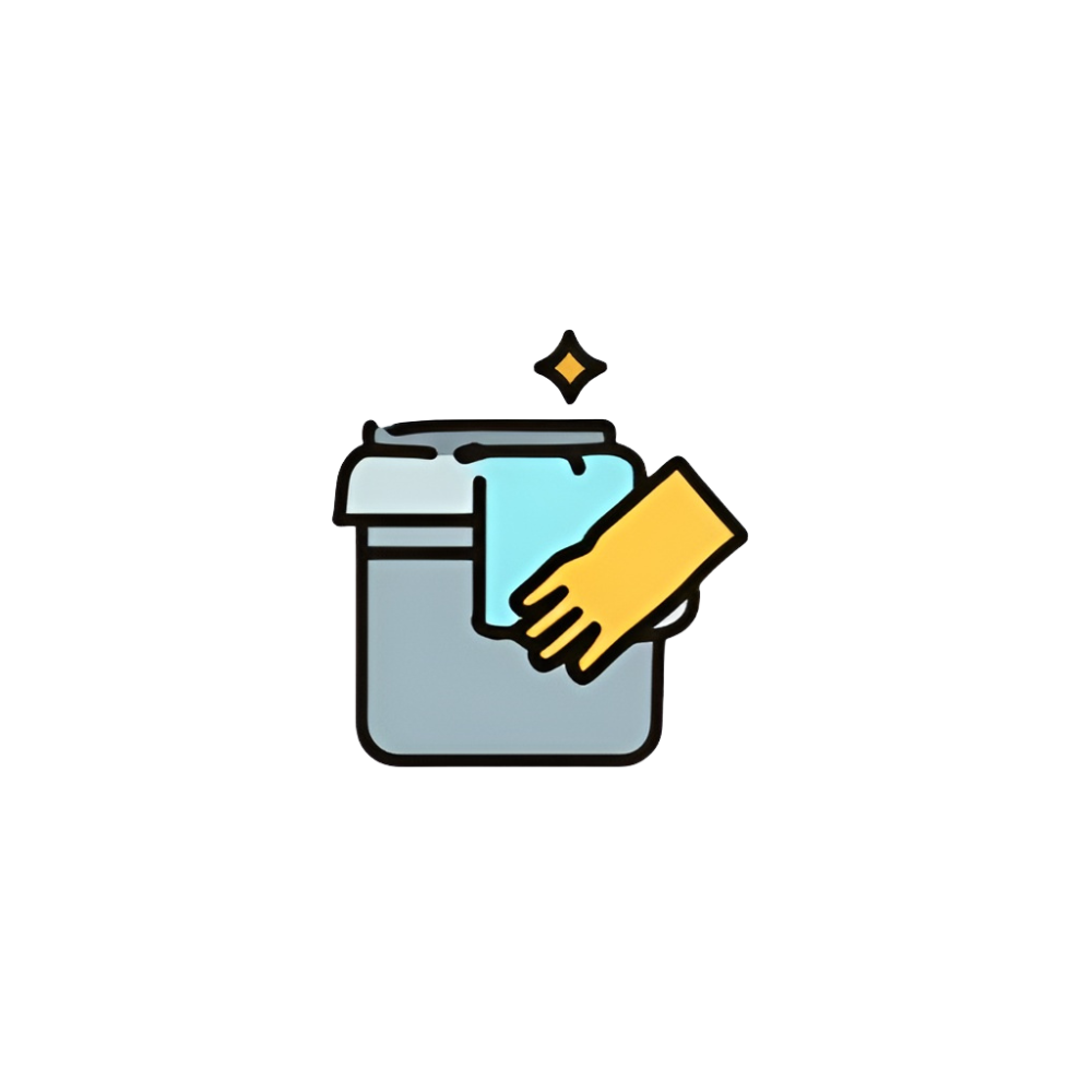 Illustration of a hand cleaning a container with a cloth, with spark effects indicating cleanliness.