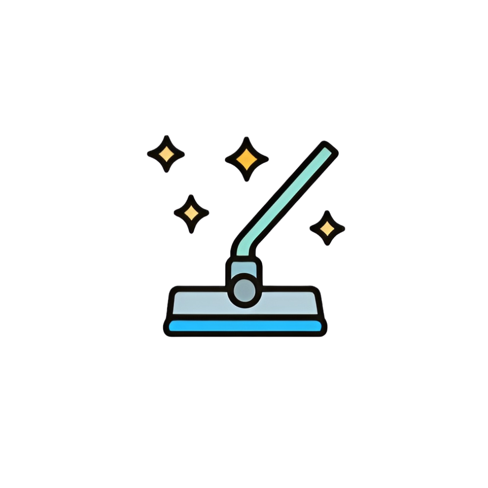Neon illustration of a mop with sparkles around it.