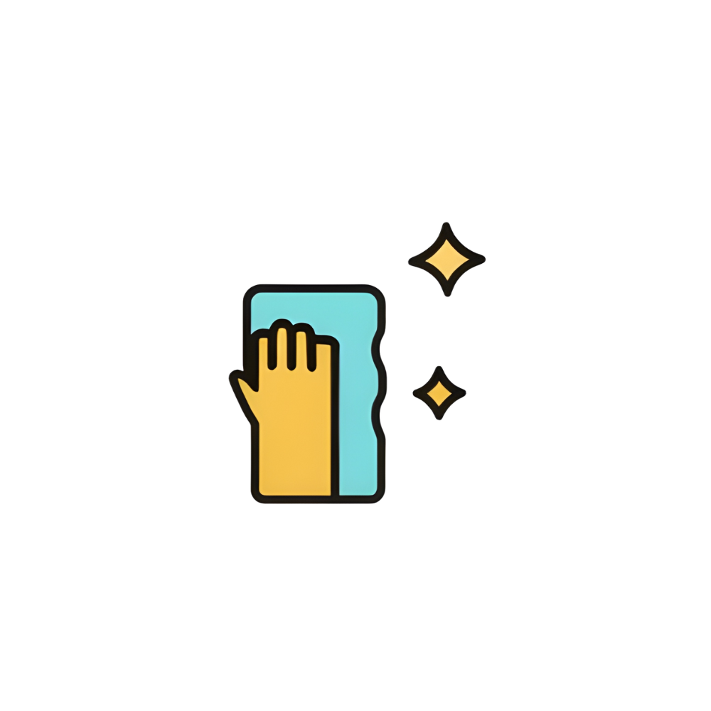 Illustration of a hand wiping a smartphone screen with a cloth, with sparkles indicating cleanliness.