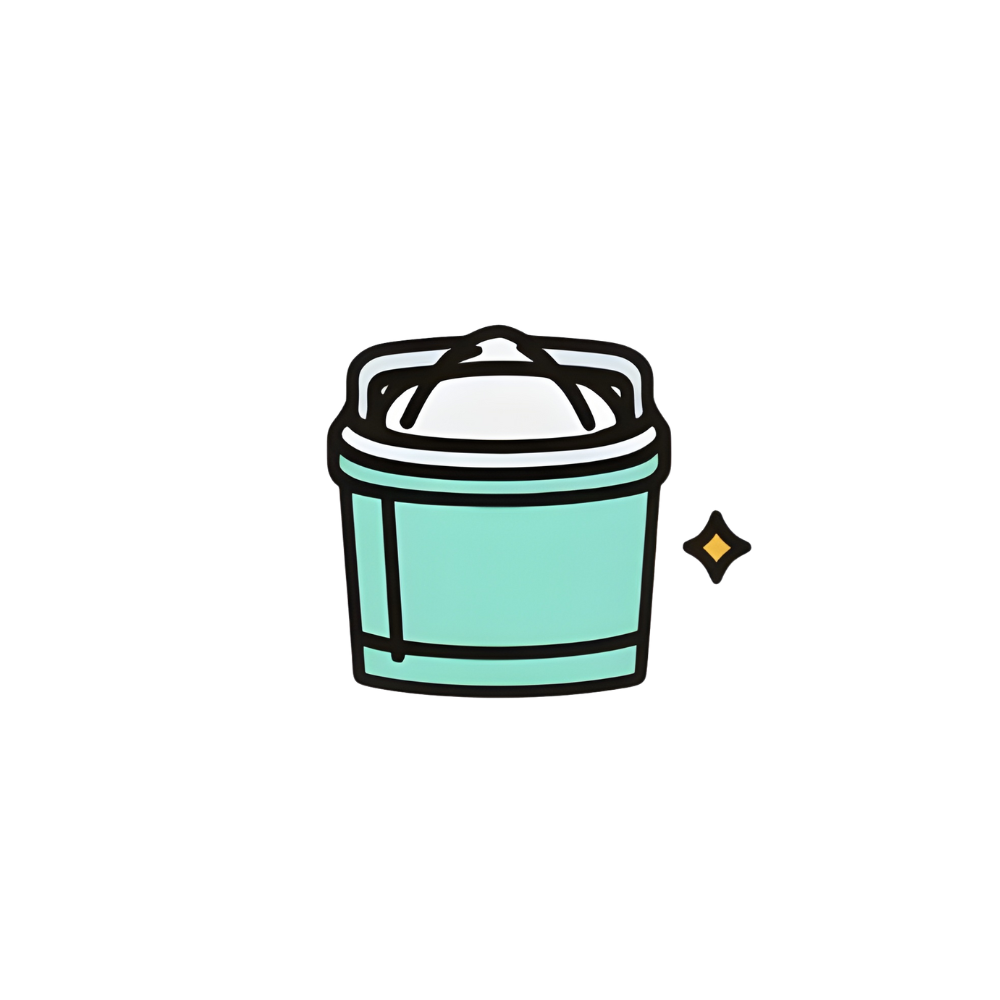 A glowing illustration of a bucket with a handle, possibly containing ice or a beverage, set against a dark background with a small, bright star-like spark.