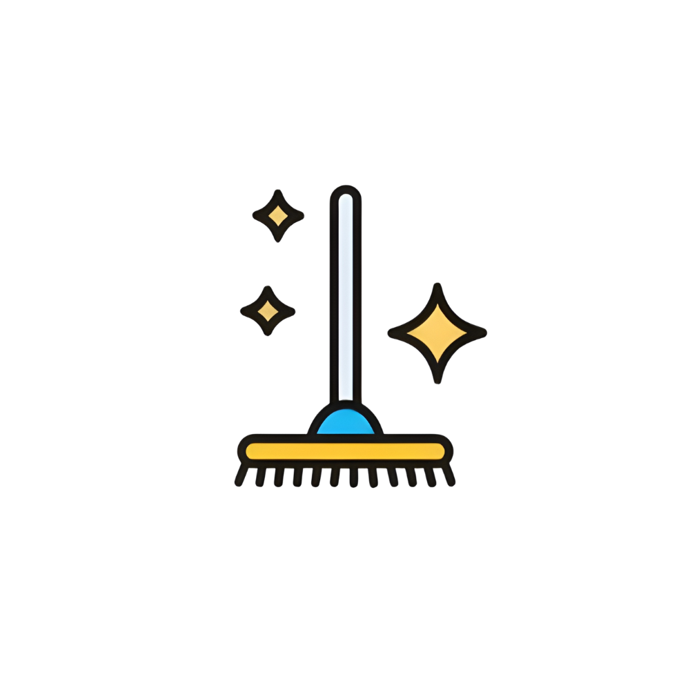 Digital illustration of a broom with sparkling stars around it, symbolizing cleaning or sweeping.