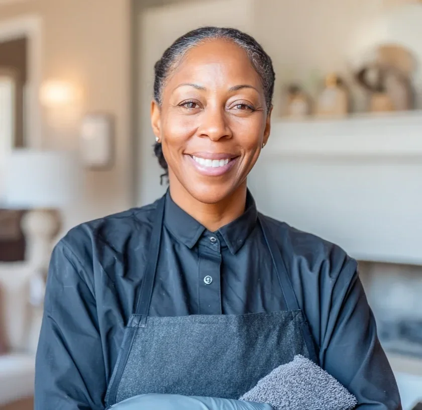Smiling woman wearing a black shirt and apron, holding a cleaning cloth in a well-lit room.