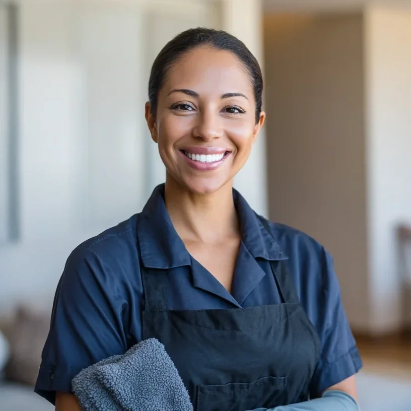 A smiling woman in a dark blue uniform and apron holding a gray cleaning cloth indoors.