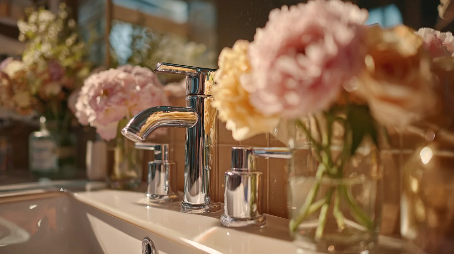 Close-up of a chrome faucet with a row of vases filled with pink peonies and other flowers on a bathroom sink counter.