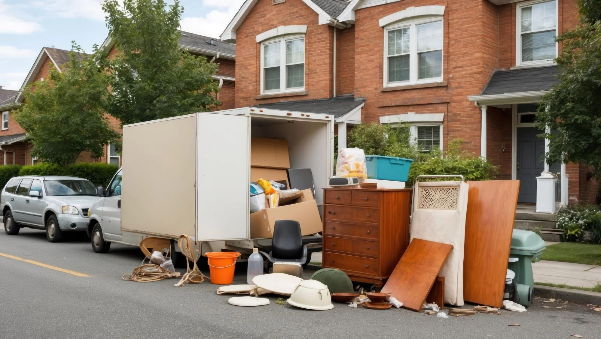 A large pile of household items and furniture, including a white moving truck, outside a red brick apartment complex, indicating a move or decluttering.