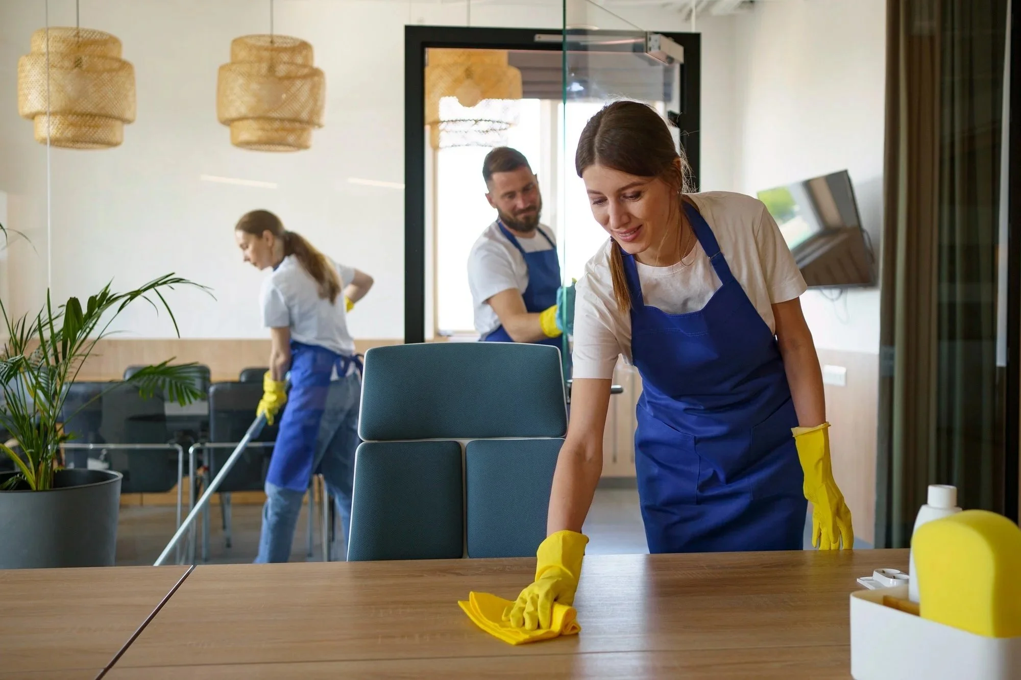 People cleaning a conference room, with a woman in the foreground wiping a table and a man in the background mopping the floor. They are wearing blue aprons and yellow gloves, and there are dining chairs and a large glass door in the room.