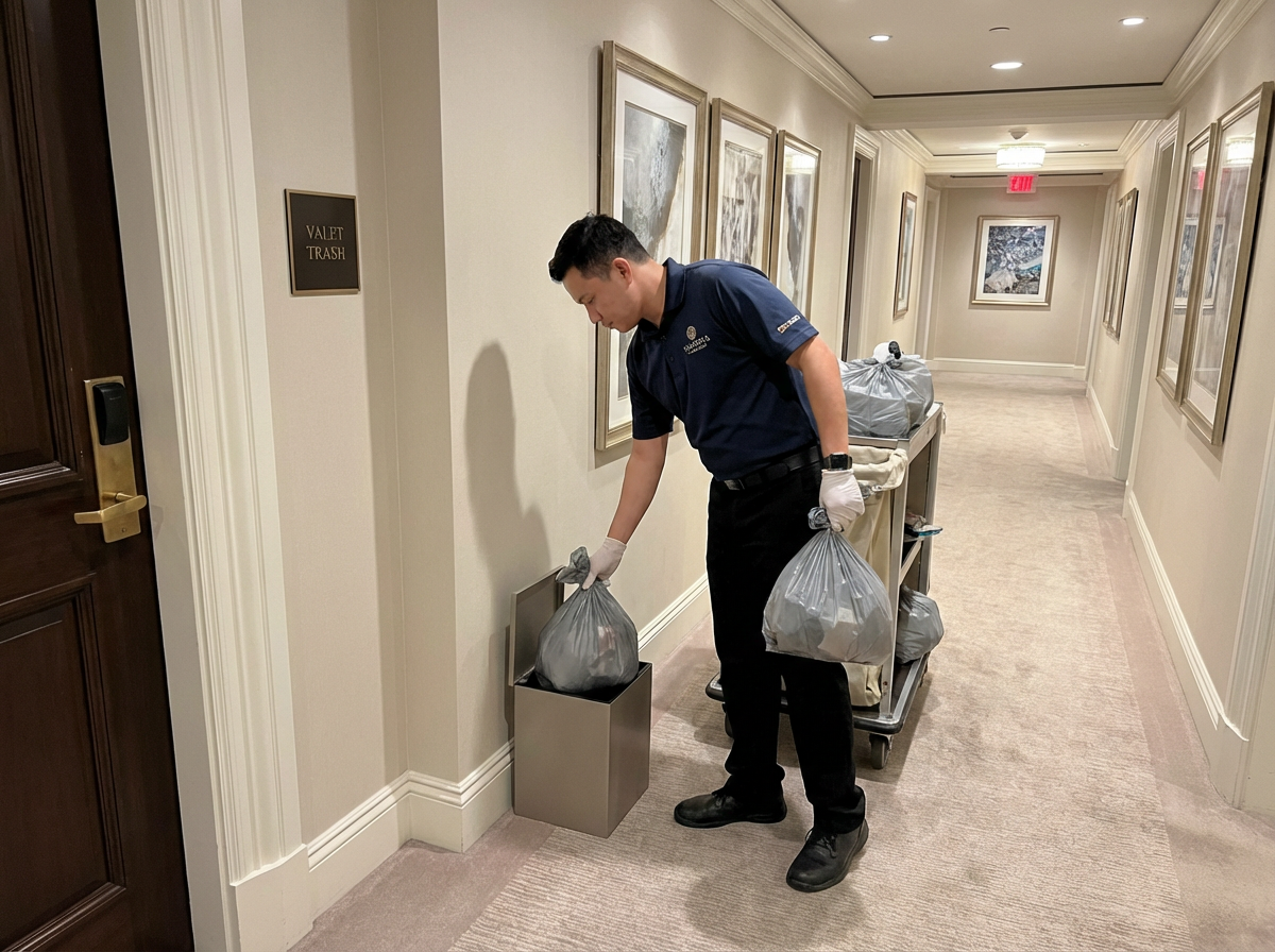 A man in a navy uniform, wearing gloves, is discarding trash into a metal trash can in a hallway decorated with framed artwork.