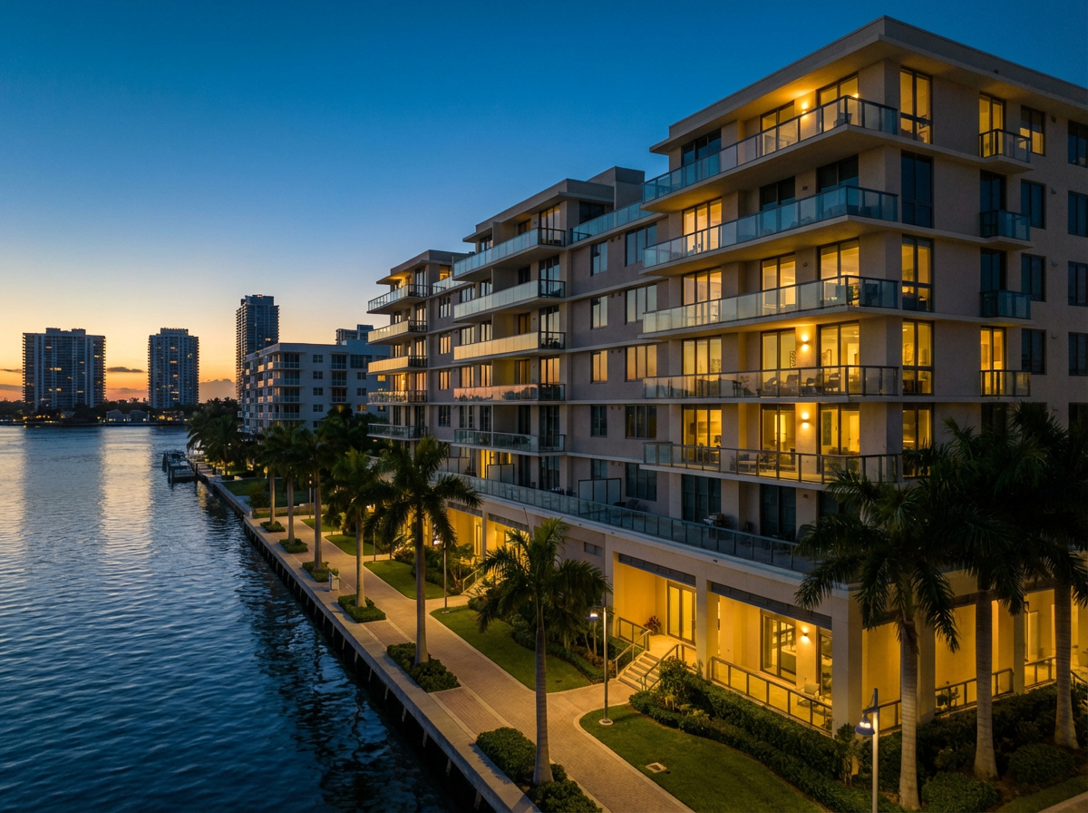 Modern apartment building along a waterfront at sunset with lit windows, balconies, palm trees, and a walkway.