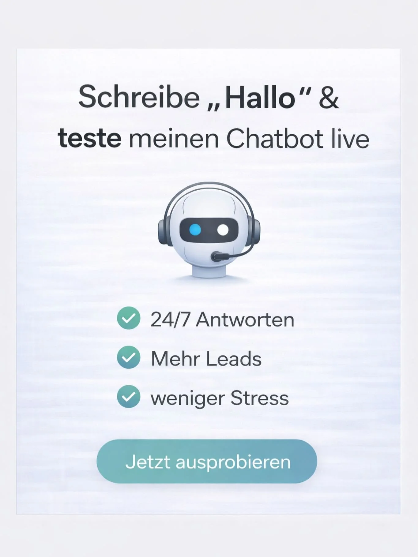 Schreibe &bdquo;Hallo&ldquo; &amp; teste meinen Chatbot live 🤖⚡
Er antwortet sofort &ndash; 24/7, ohne Pause.

✔ Automatische Kundenantworten
✔ Mehr Leads
✔ Weniger Stress

👉 &bdquo;Hallo&ldquo; schreiben &amp; ausprobieren!

.

#chatbot #ki #autom