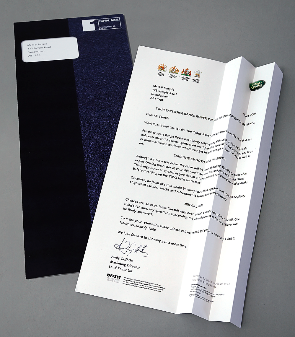 A unique on & off road Range Rover test drive experience called for a novel invitation.

The subtly embossed outer was half smooth/ half rough and revealed a letter that unfolded concertina-style... cont