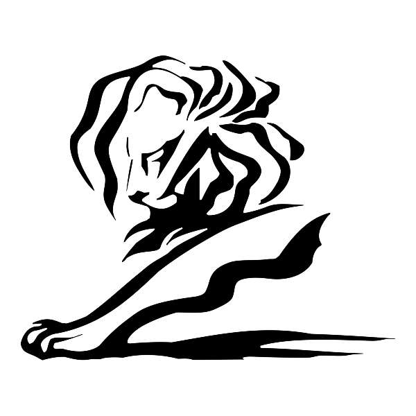Line drawing of a sitting lion in profile with a flowing mane on a black background.
