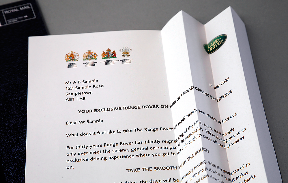 ...copy referring to the off road capabilities of The Range Rover was carefully placed only on the mountainous half of the letter.