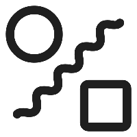 Abstract black and white geometric design with circles, squares, and wavy lines