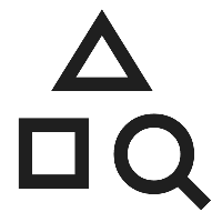 Black triangle, black square, black circle, black magnifying glass icons