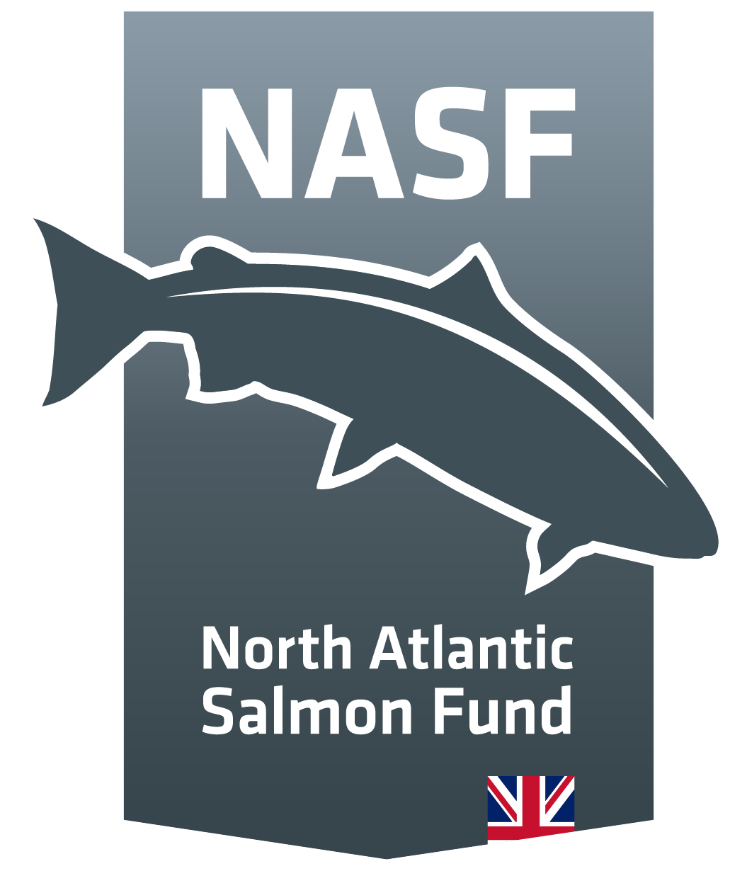 Logo of NASF North Atlantic Salmon Fund featuring a stylized salmon fish silhouette, the NASF acronym at the top, and a small British flag at the bottom.
