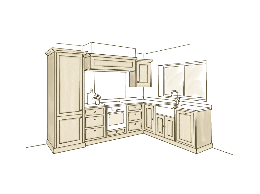 Illustration of a beige kitchen with cabinets, countertops, a sink, and a window over the sink.