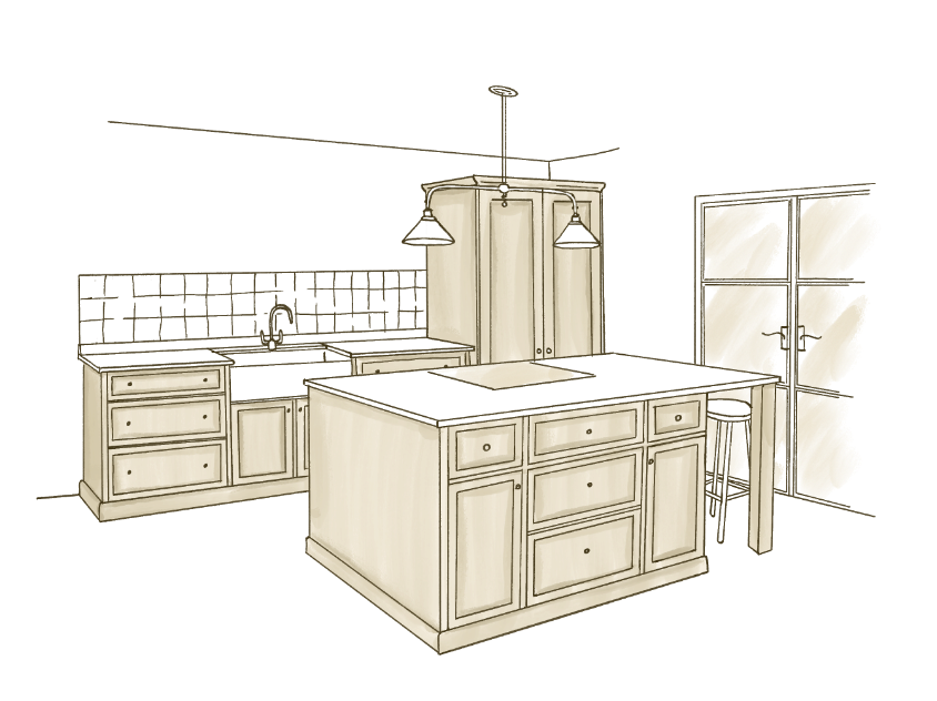 Sketch-style illustration of a kitchen with an island, cabinets, a window, and a door.