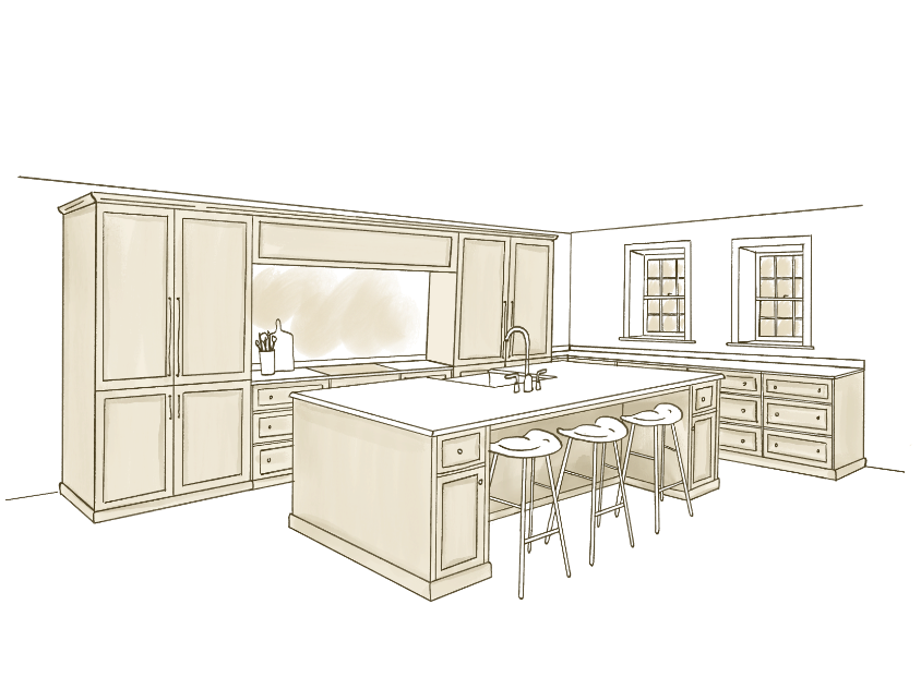 Illustration of a kitchen with white cabinets, a central island with three barstools, a sink, and two windows.