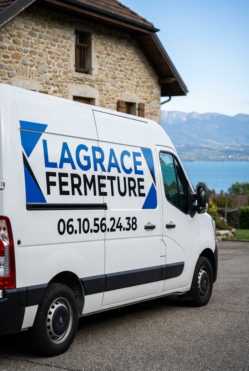 Véhicule d'intervention de Lagrace Fermeture en tournée au bord du Lac Léman. Artisan menuisier mobile intervenant sur Thonon, le Chablais et le Pays de Gex.
