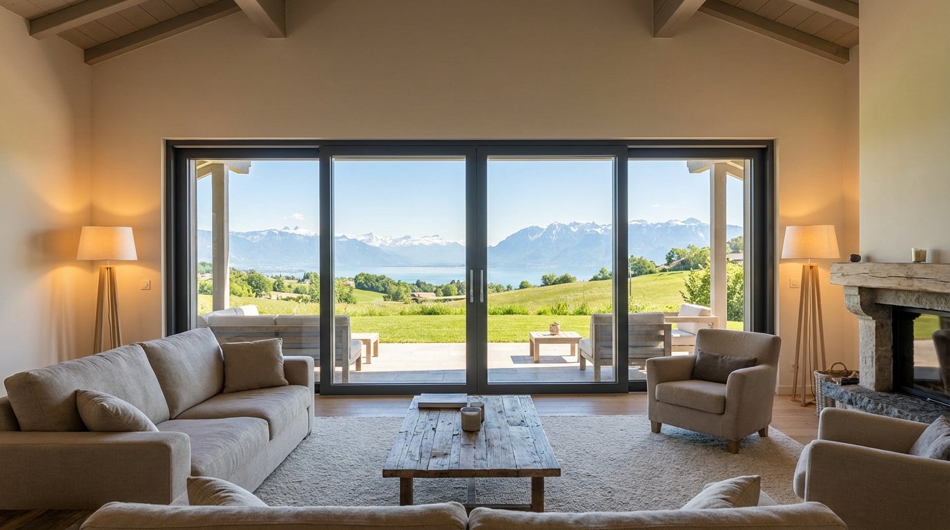 Salon rénové avec une grande baie vitrée coulissante en aluminium gris anthracite installée par Lagrace Fermeture, offrant une vue panoramique sur les montagnes près de Thonon-les-Bains.