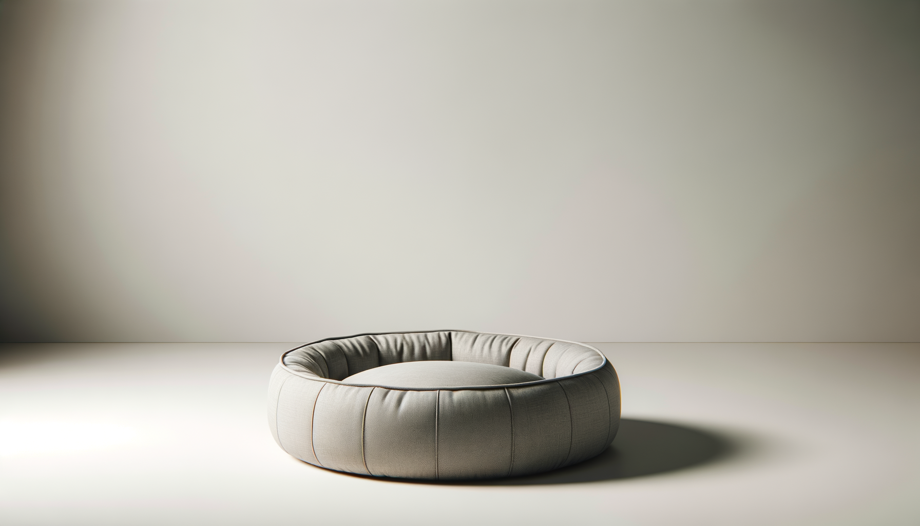 En rund, beige puf i minimalistisk rum med en blank væg i baggrunden.