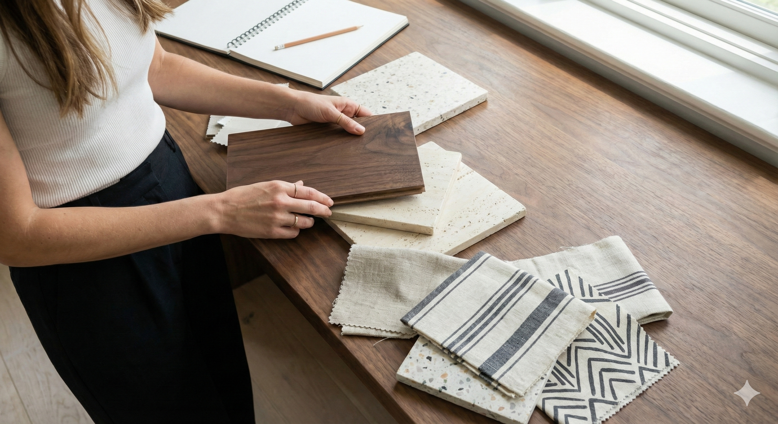 Person holding a wood-look laminate sample while arranging other tile and fabric samples on a wooden table, with a notebook and pencil nearby.