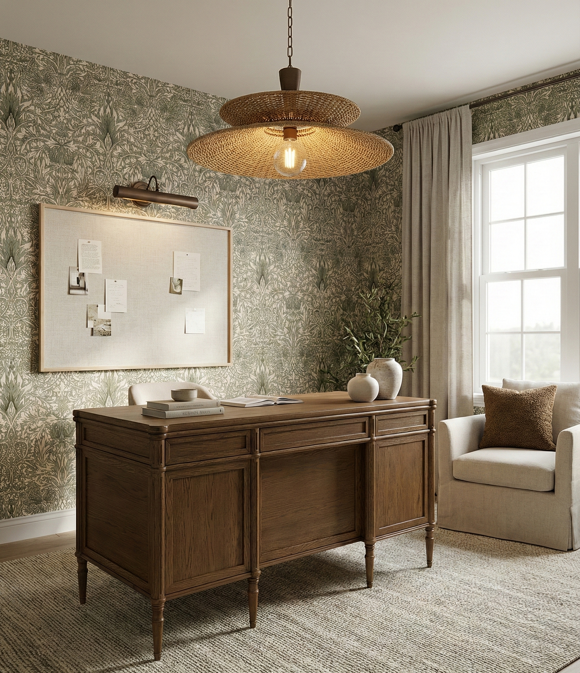 A well-lit room with a large window, floral wallpaper, a wooden desk with vases on top, a beige armchair with a brown cushion, a bulletin board, and a woven ceiling light.