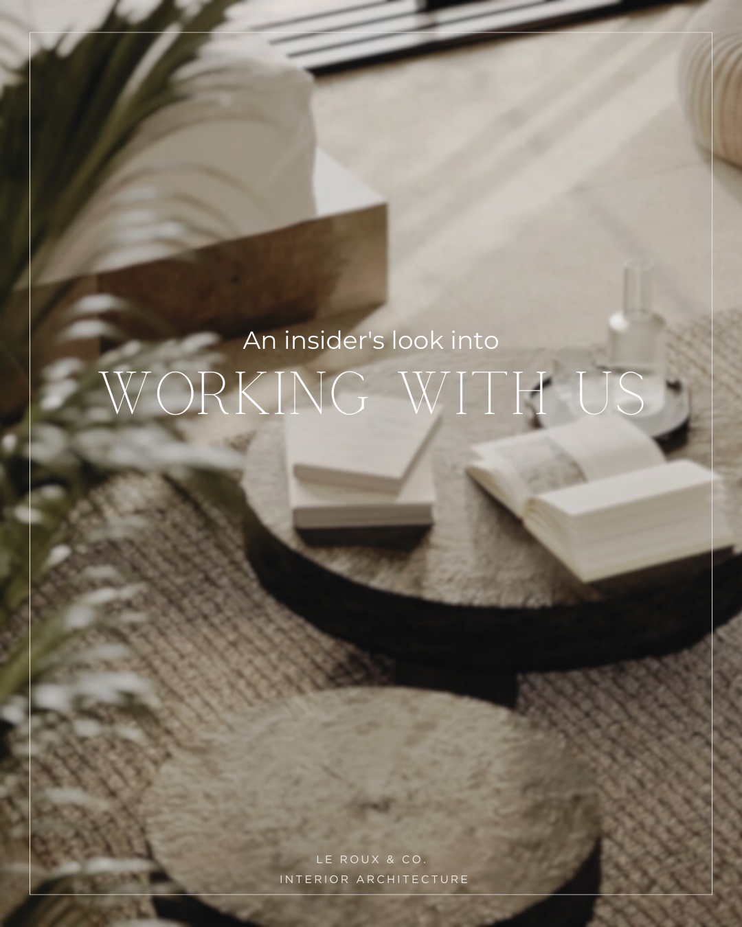 A round coffee table with an open book, a notebook, and a small bottle, surrounded by textured rugs and soft natural lighting.