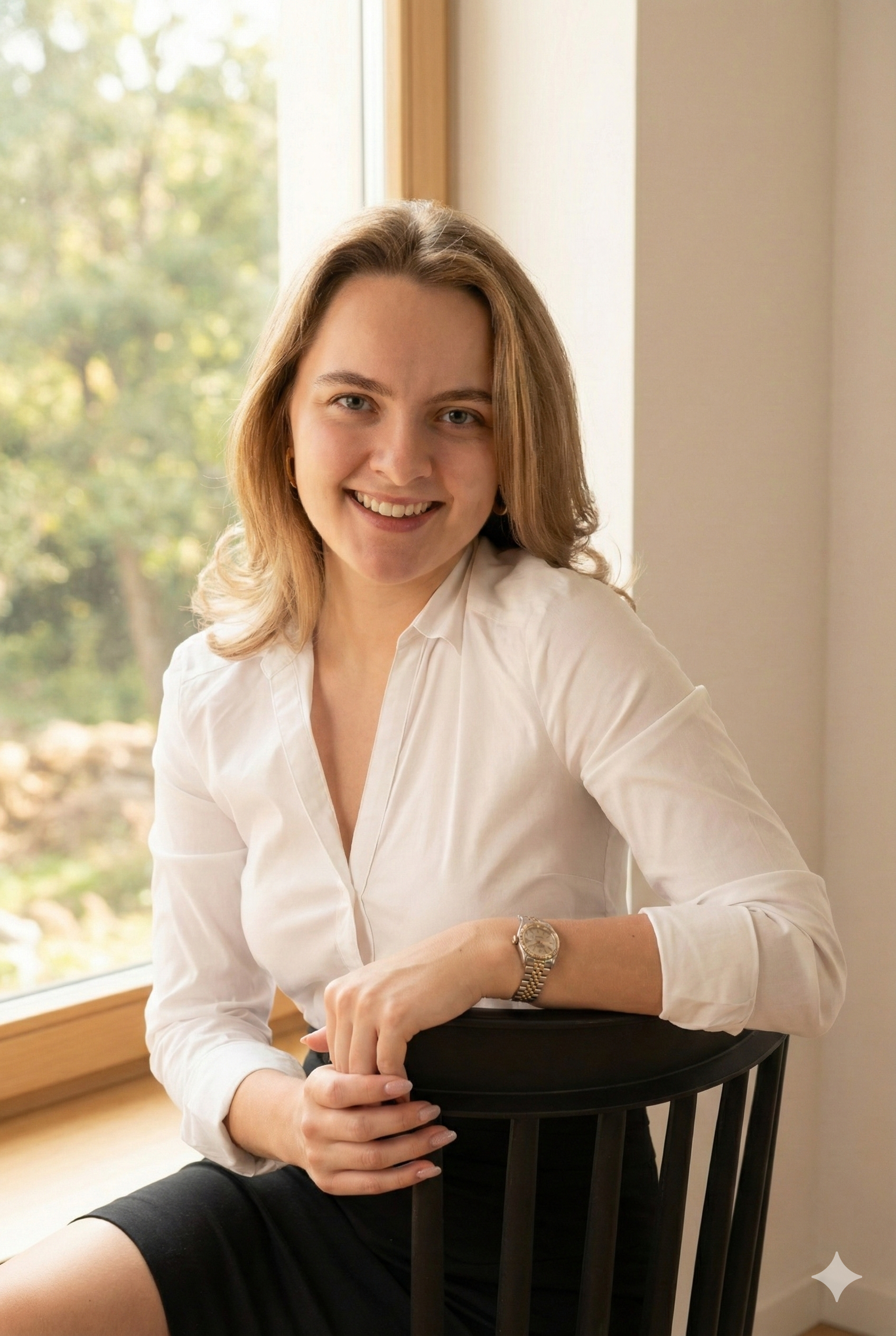 A woman with shoulder-length blonde hair, smiling, wearing a white blouse and a gold watch, sitting on a black chair near a window with a view of green foliage outside.